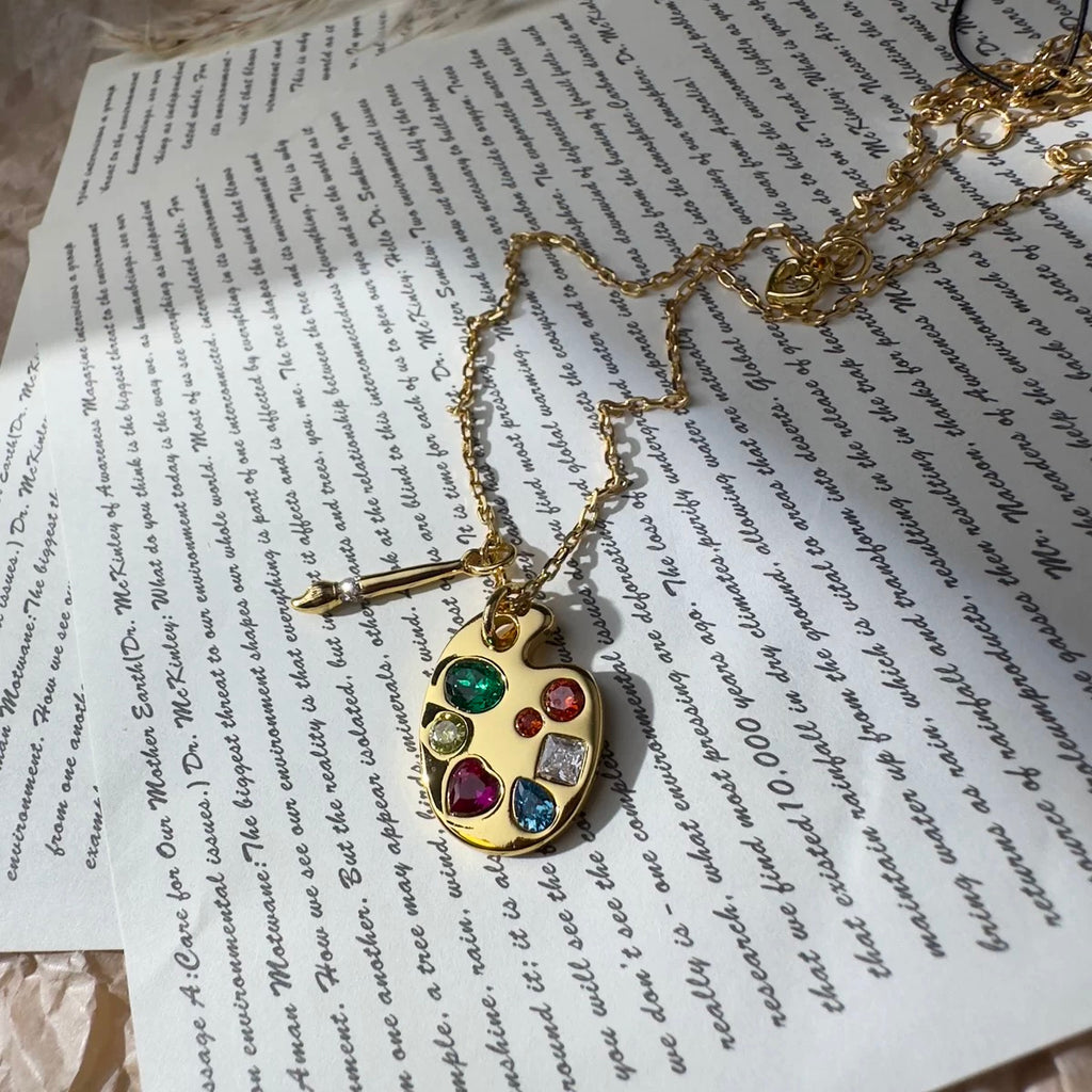 Kate Spade Artist Palette Pendant Necklace Gold Multicolor Crystal Paintbrush