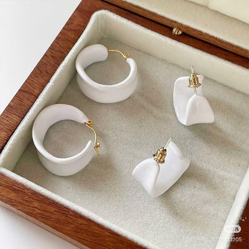 White Enamel Chunky Hoop Earrings Wide Sculptural Hoops S925 Post Clean Girl