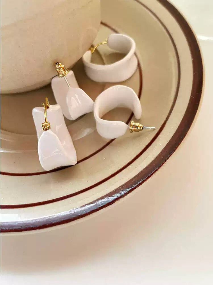 White Enamel Chunky Hoop Earrings Wide Sculptural Hoops S925 Post Clean Girl