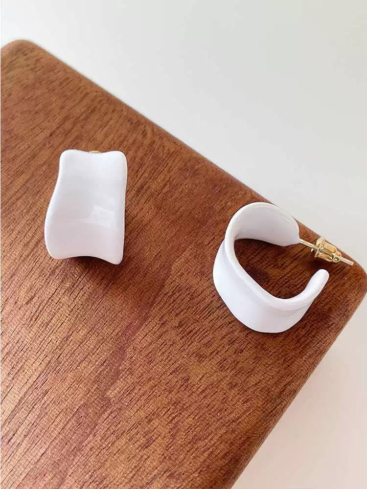 White Enamel Chunky Hoop Earrings Wide Sculptural Hoops S925 Post Clean Girl