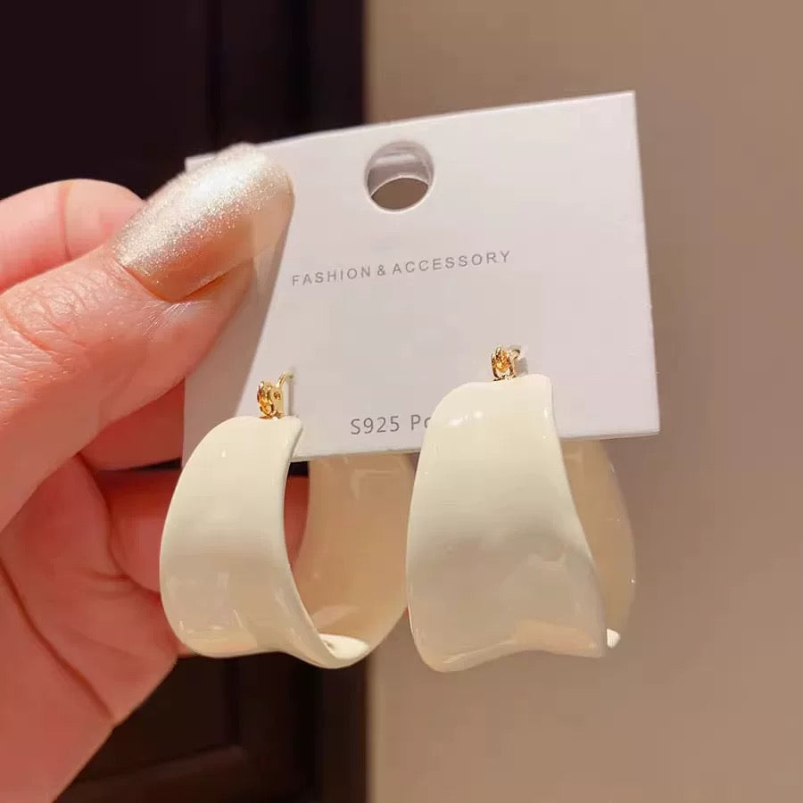 White Enamel Chunky Hoop Earrings Wide Sculptural Hoops S925 Post Clean Girl