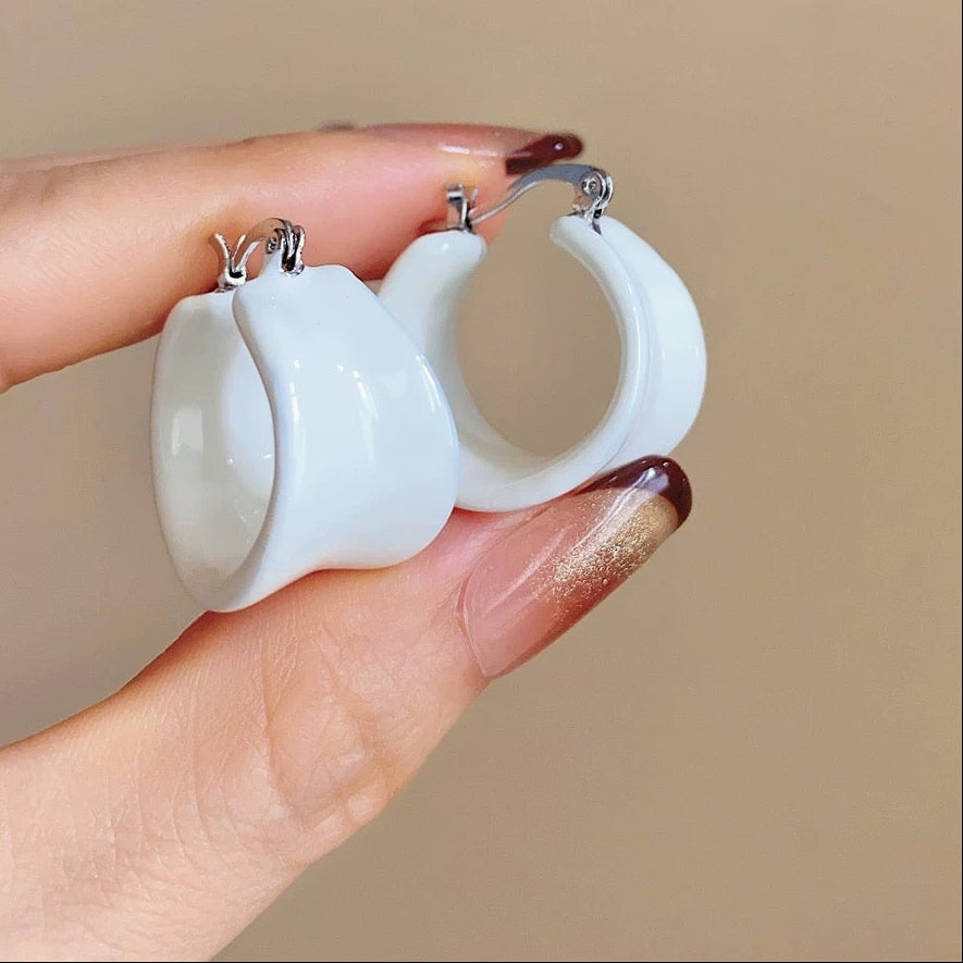 White Enamel Chunky Hoop Earrings Wide Sculptural Hoops S925 Post Clean Girl