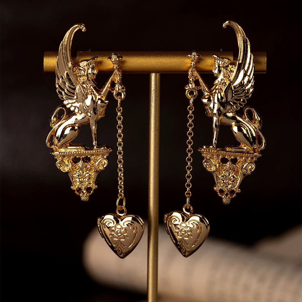 Gold Winged Sphinx Heart Locket Earrings Baroque Statement Dark Academia Vintage