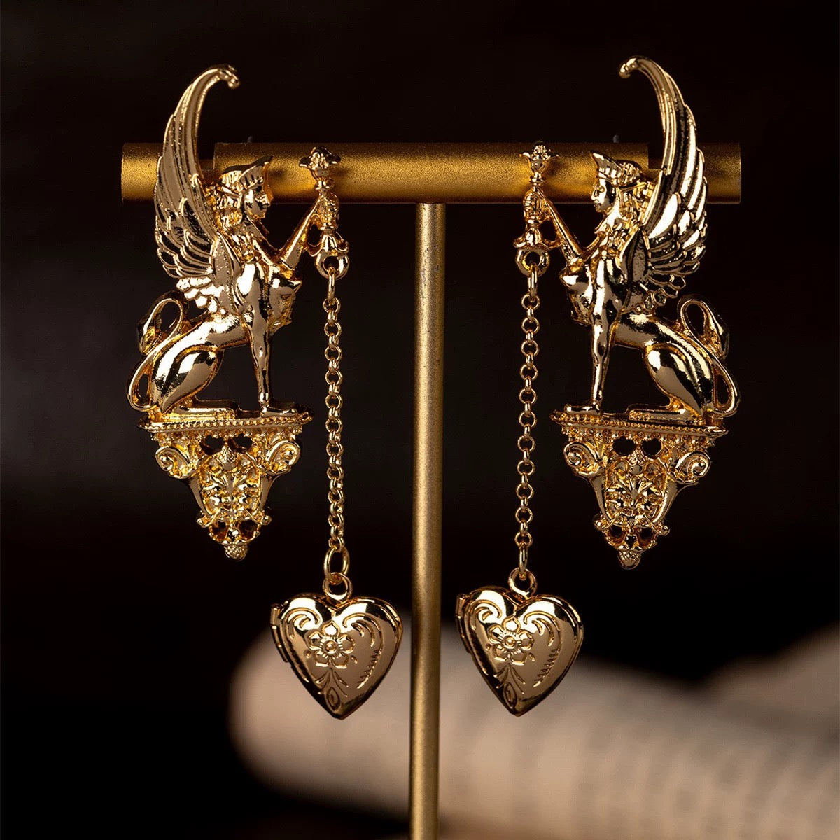 Gold Winged Sphinx Heart Locket Earrings Baroque Statement Dark Academia Vintage