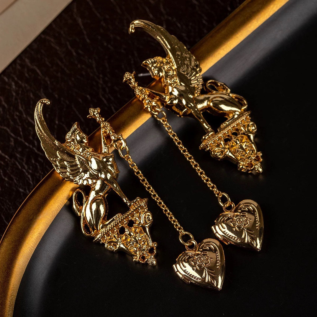 Gold Winged Sphinx Heart Locket Earrings Baroque Statement Dark Academia Vintage
