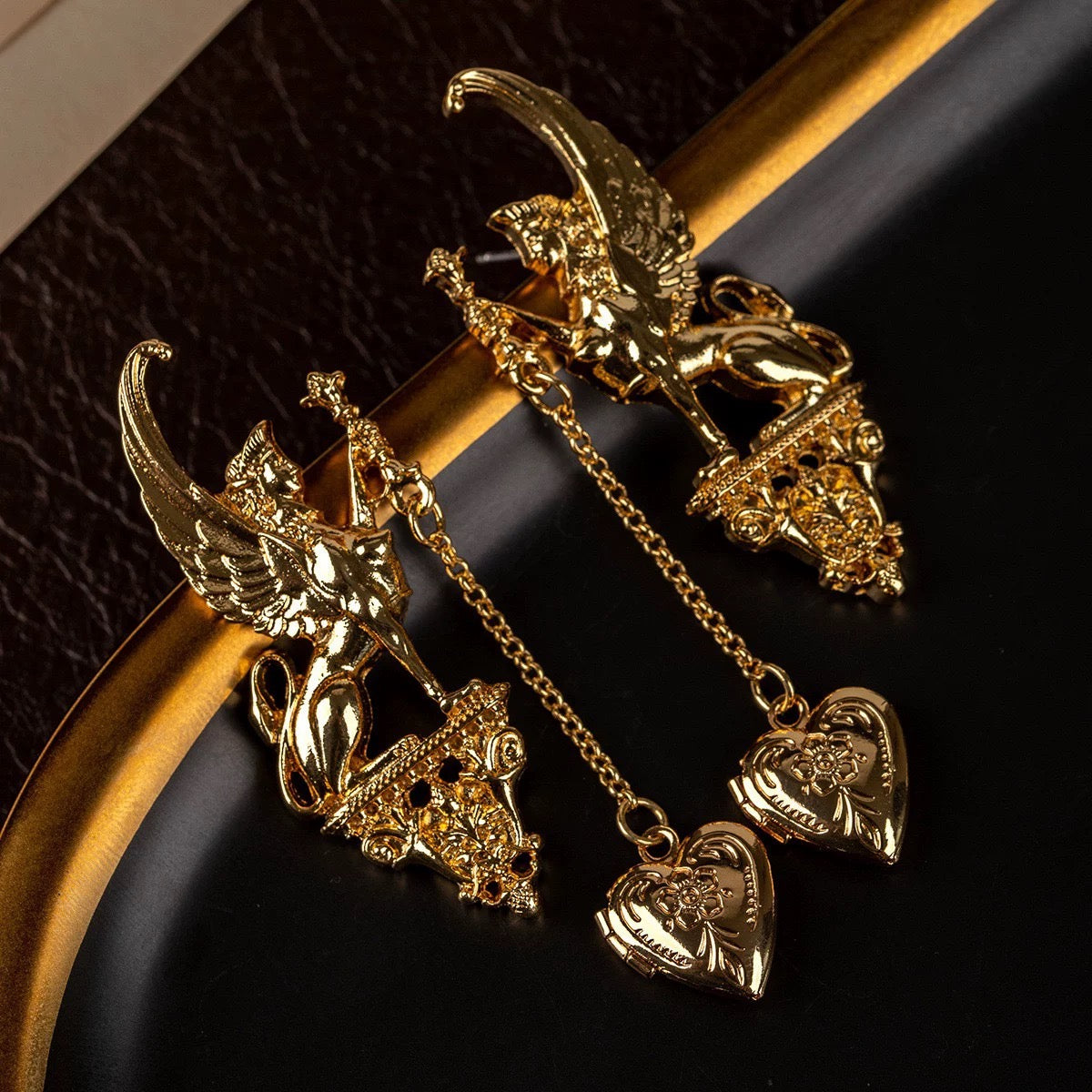Gold Winged Sphinx Heart Locket Earrings Baroque Statement Dark Academia Vintage