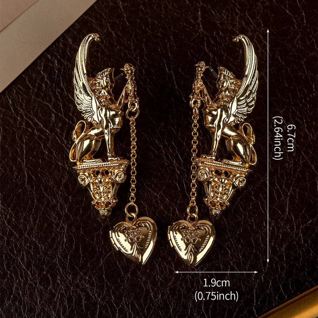 Gold Winged Sphinx Heart Locket Earrings Baroque Statement Dark Academia Vintage