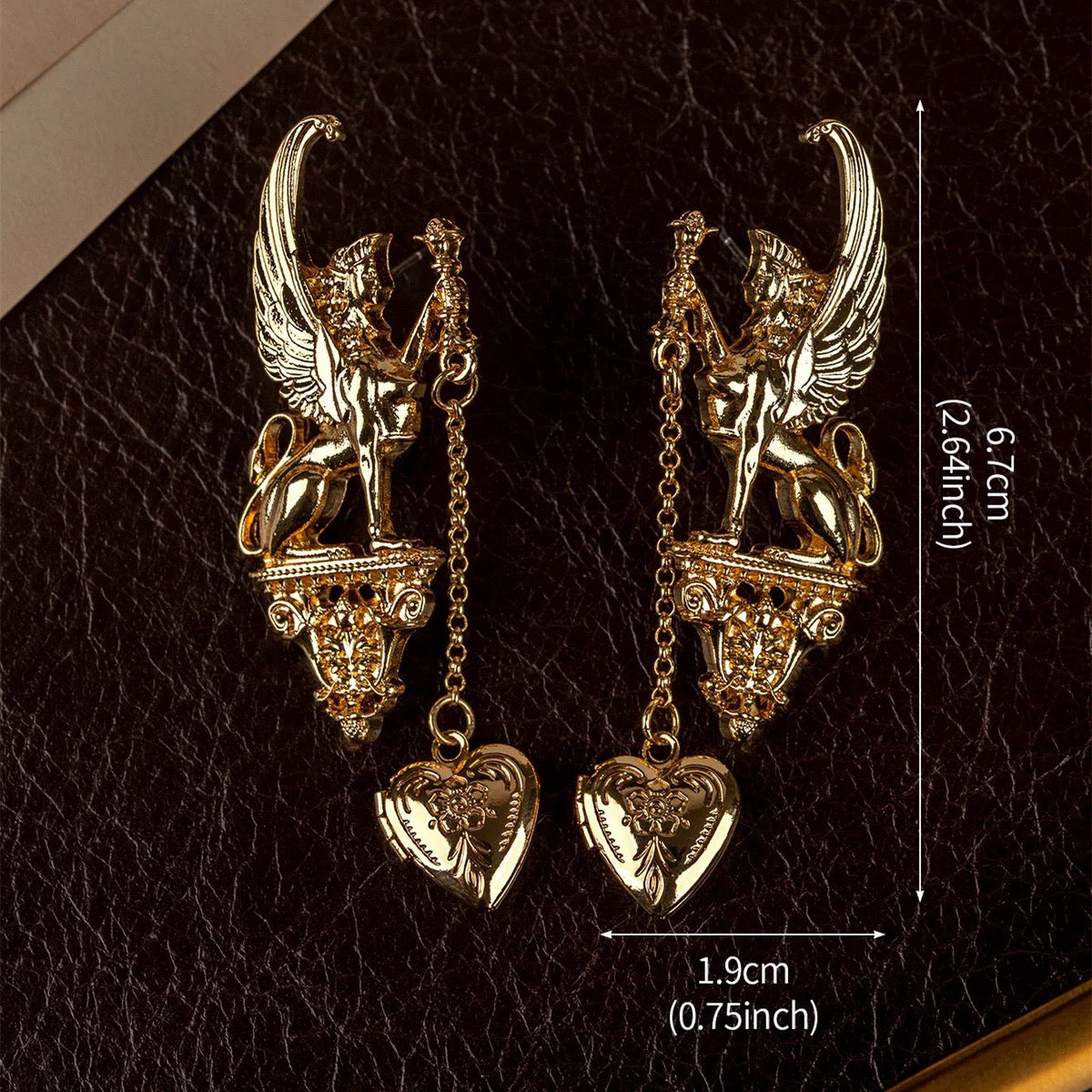 Gold Winged Sphinx Heart Locket Earrings Baroque Statement Dark Academia Vintage