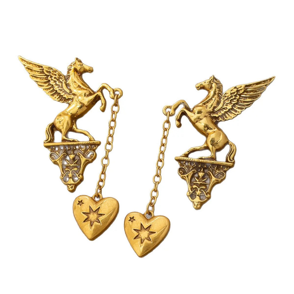Gold Winged Sphinx Heart Locket Earrings Baroque Statement Dark Academia Vintage